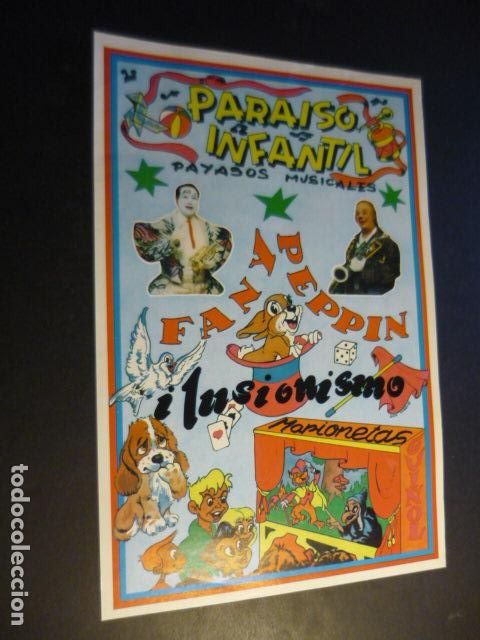 Carteles Espect&aacute;culos: PARAISO INFANTIL PAYASOS MUSICALES FAN Y PEPPIN ILUSIONISMO MARIONETAS CARTEL 18,5 X 27 CM