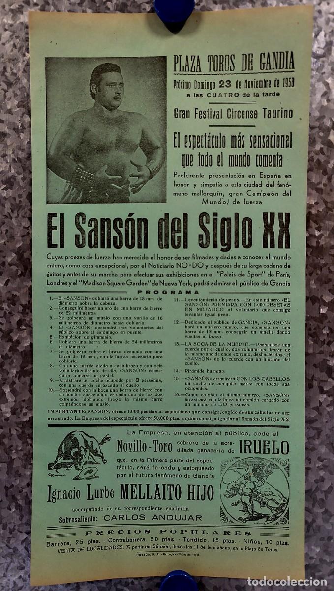 Carteles Espect&aacute;culos: CARTEL DEL ESPECTACULO EL SANSON DEL SIGLO XX, Sebasti&agrave; Llull i Melis - PLAZA TOROS GANDIA. A&Ntilde;O 1958