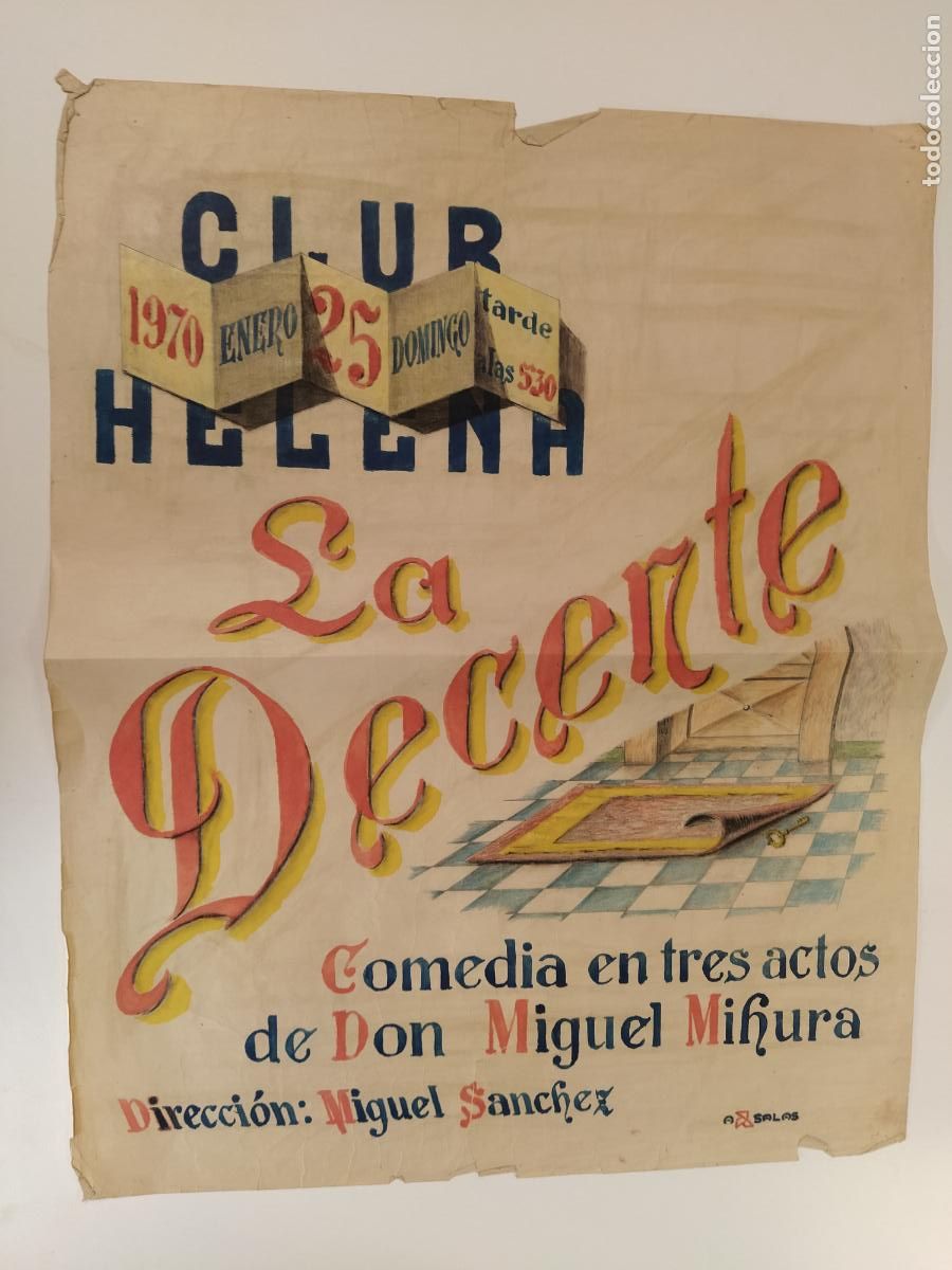 Carteles espect&aacute;culos: BARCELONA-CLUB HELENA-CARTEL DE TEATRO DIBUJADO Y PINTADO A MANO- LA DECENTE -A&Ntilde;O 1970