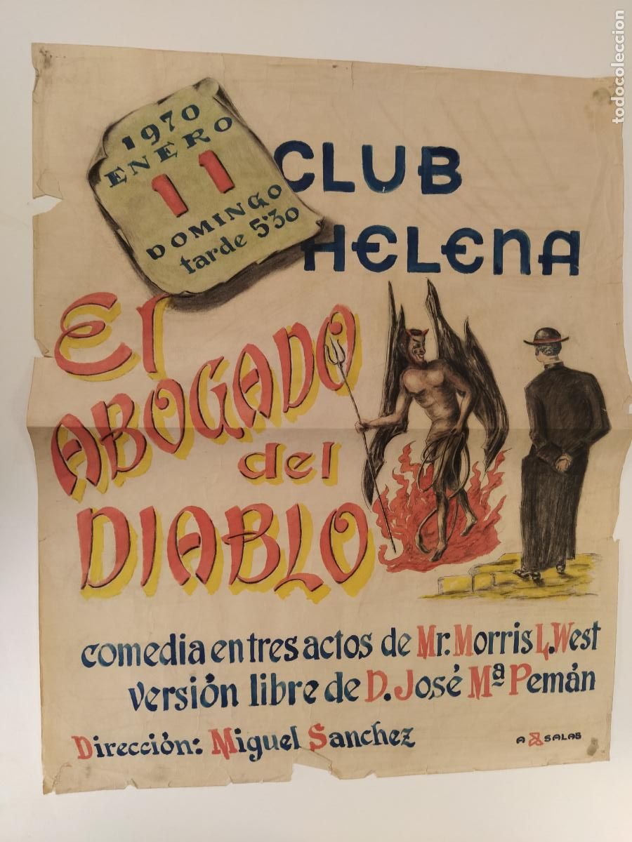 Carteles espect&aacute;culos: EL ABOGADO DEL DIABLO -BARCELONA-CLUB HELENA-CARTEL DE TEATRO DIBUJADO Y PINTADO A MANO-A&Ntilde;O 1970