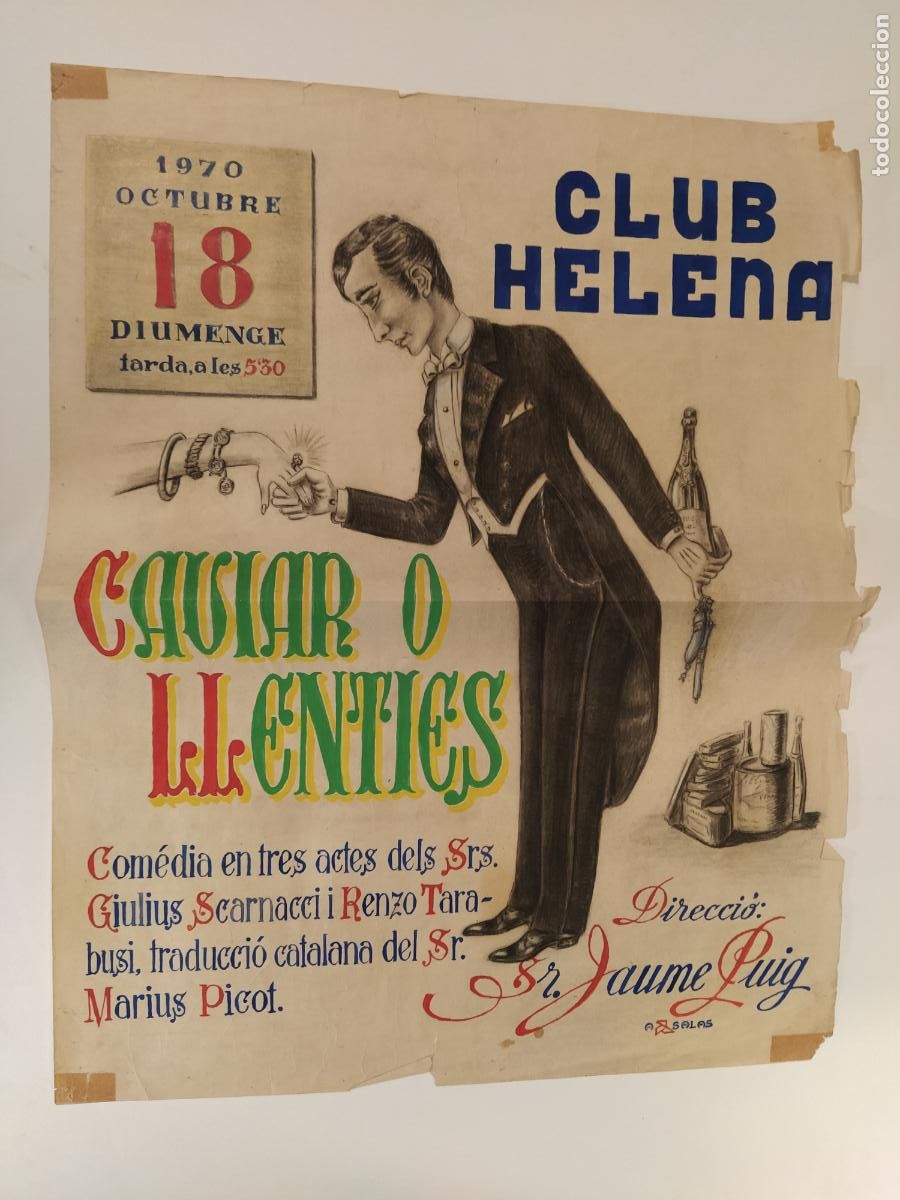 Posters of Shows: CAVIAR O LLENTIES-JAUME PUIG-BARCELONA-CLUB HELENA-CARTEL DE TEATRO-DIBUJO ORIGINAL A MANO-A&Ntilde;O 1970