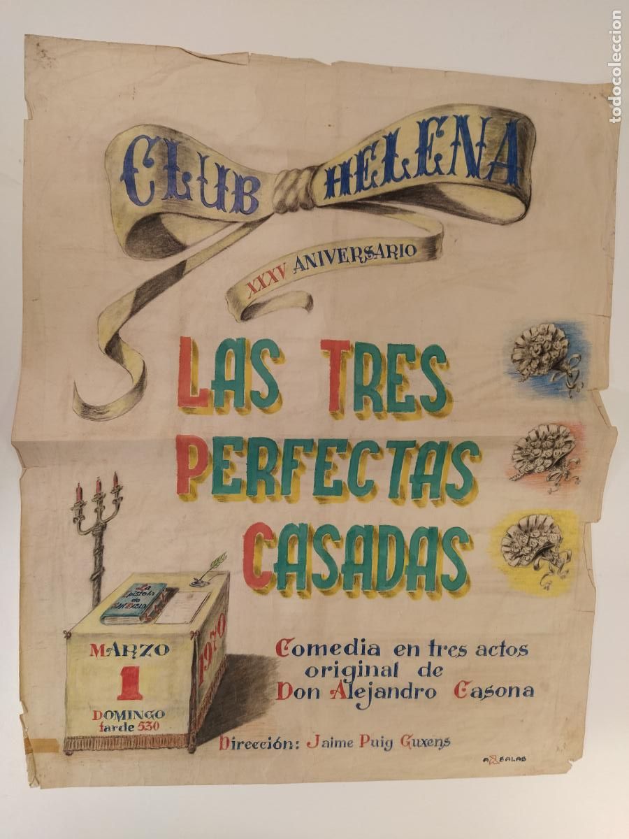 Posters of Shows: LAS TRES PERFECTAS CASADAS -BARCELONA-CLUB HELENA-CARTEL DE TEATRO-DIBUJO ORIGINAL A MANO-A&Ntilde;O 1970