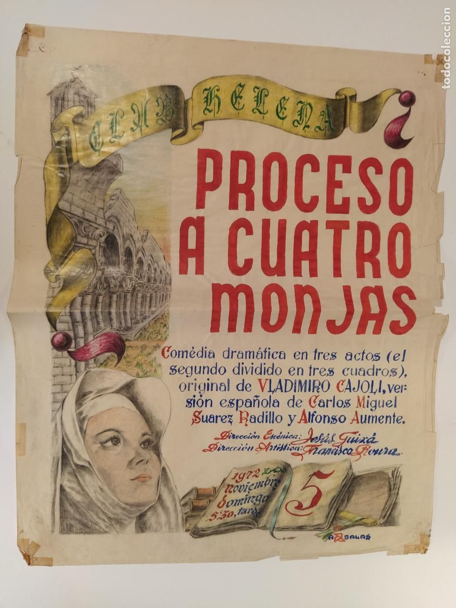 Posters of Shows: PROCESO A CUATRO MONJAS -BARCELONA-CLUB HELENA-CARTEL DE TEATRO-DIBUJO ORIGINAL A MANO-A&Ntilde;O 1972