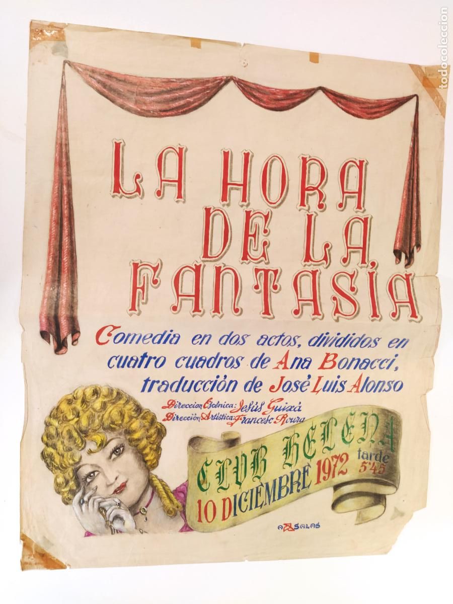 Carteles espect&aacute;culos: LA HORA DE LA FANTASIA -BARCELONA-CLUB HELENA-CARTEL DE TEATRO-DIBUJO ORIGINAL A MANO-A&Ntilde;O 1972