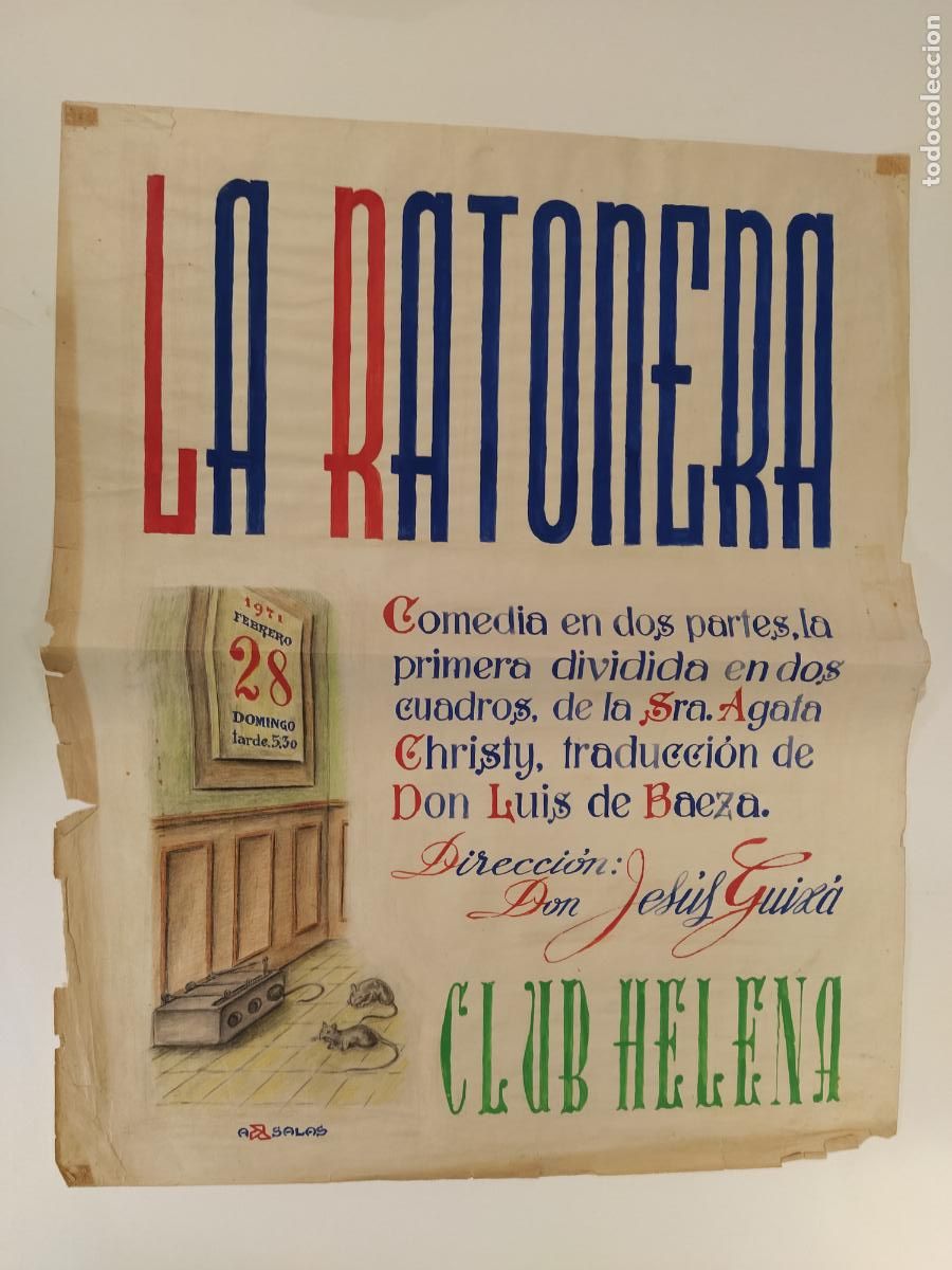 Carteles espect&aacute;culos: LA RATONERA-AGATHA CHRISTIE-BARCELONA-CLUB HELENA-CARTEL DE TEATRO-DIBUJO ORIGINAL A MANO-A&Ntilde;O 1971