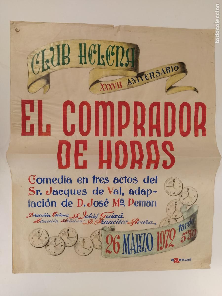 Carteles espect&aacute;culos: EL COMPRADOR DE HORAS - BARCELONA-CLUB HELENA-CARTEL DE TEATRO-DIBUJO ORIGINAL A MANO-A&Ntilde;O 1972