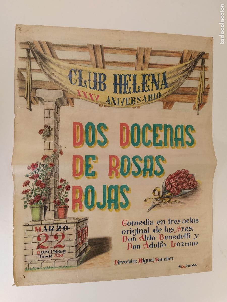 Carteles espect&aacute;culos: DOCE DOCENAS DE ROSAS ROJAS - BARCELONA-CLUB HELENA-CARTEL DE TEATRO-DIBUJO ORIGINAL A MANO-A&Ntilde;O 1970