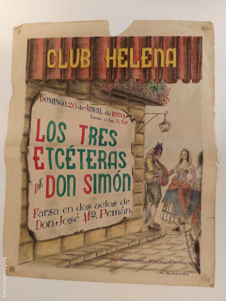 Carteles espect&aacute;culos: LOS 3 ETCETERAS DE DON SIMON- BARCELONA-CLUB HELENA-CARTEL DE TEATRO-DIBUJO ORIGINAL A MANO-A&Ntilde;O 1970