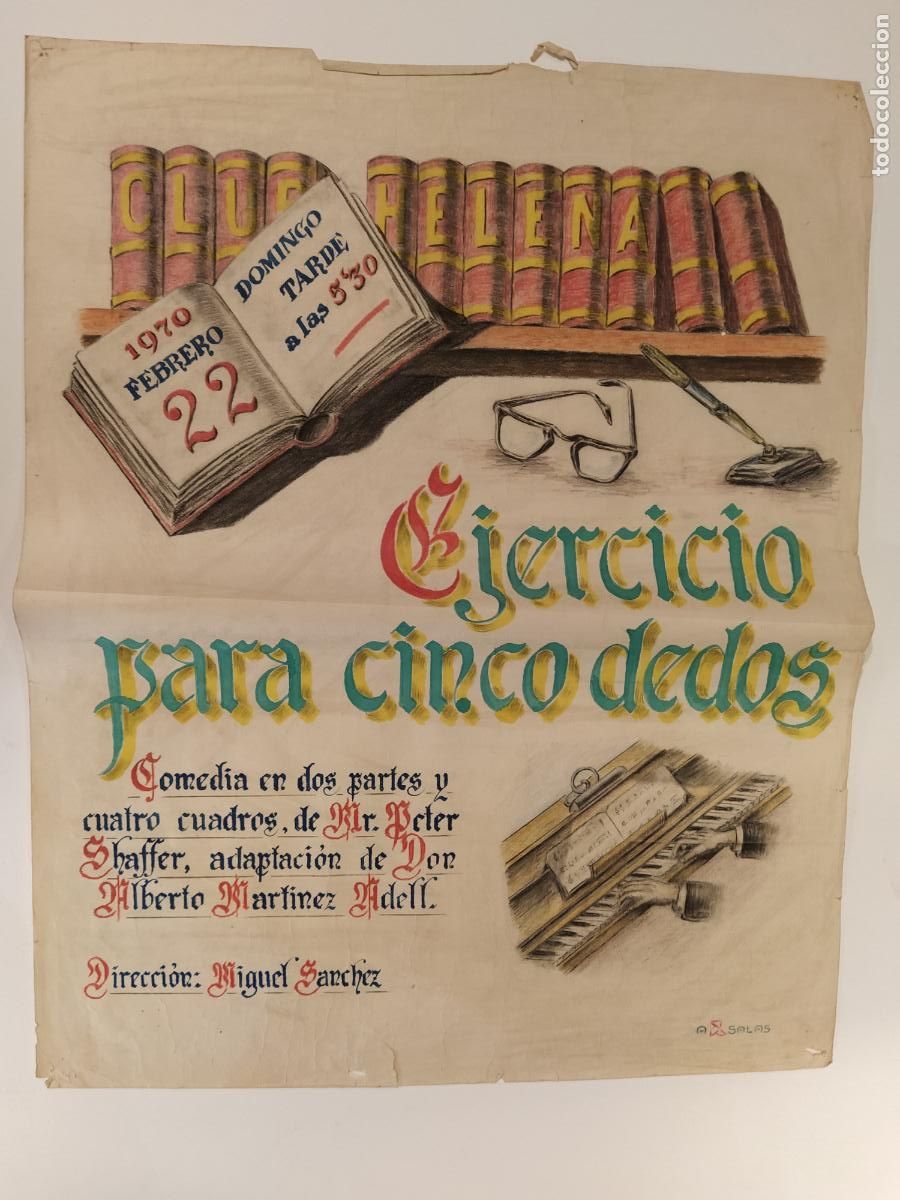 Carteles espect&aacute;culos: EJERCICIO PARA CINCO DEDOS- BARCELONA-CLUB HELENA-CARTEL DE TEATRO-DIBUJO ORIGINAL A MANO-A&Ntilde;O 1970