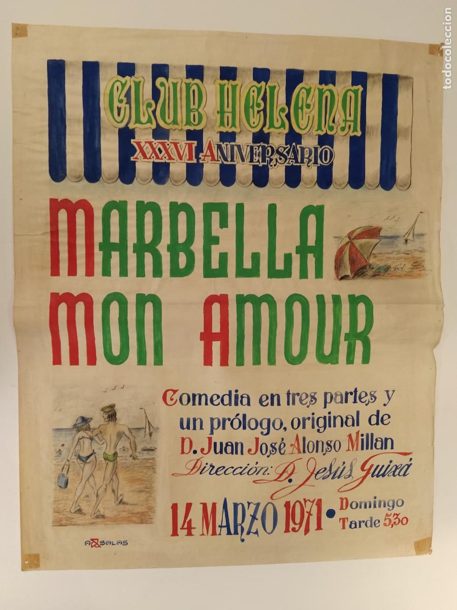 Carteles espect&aacute;culos: MARBELLA MON AMOUR - BARCELONA-CLUB HELENA-CARTEL DE TEATRO-DIBUJO ORIGINAL A MANO-A&Ntilde;O 1971