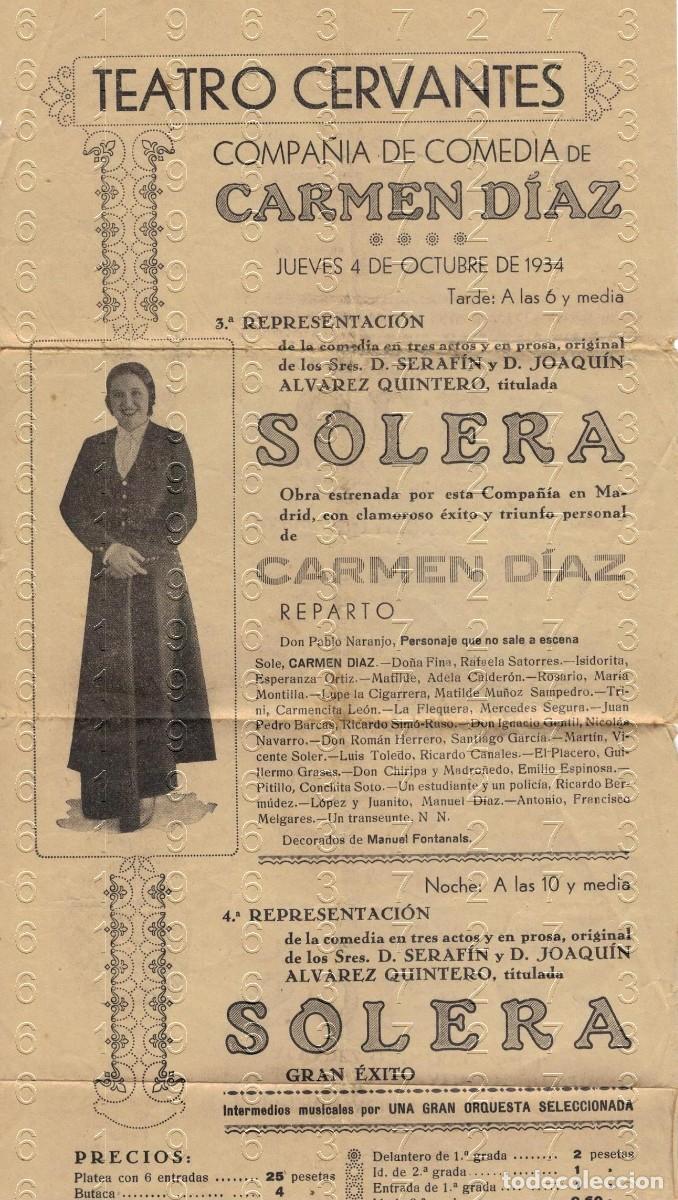 Carteles espect&aacute;culos: 1934 SEVILLA CARMEN DIAZ TEATRO CERVANTES REPUBLICA CARTEL 35X17 C30