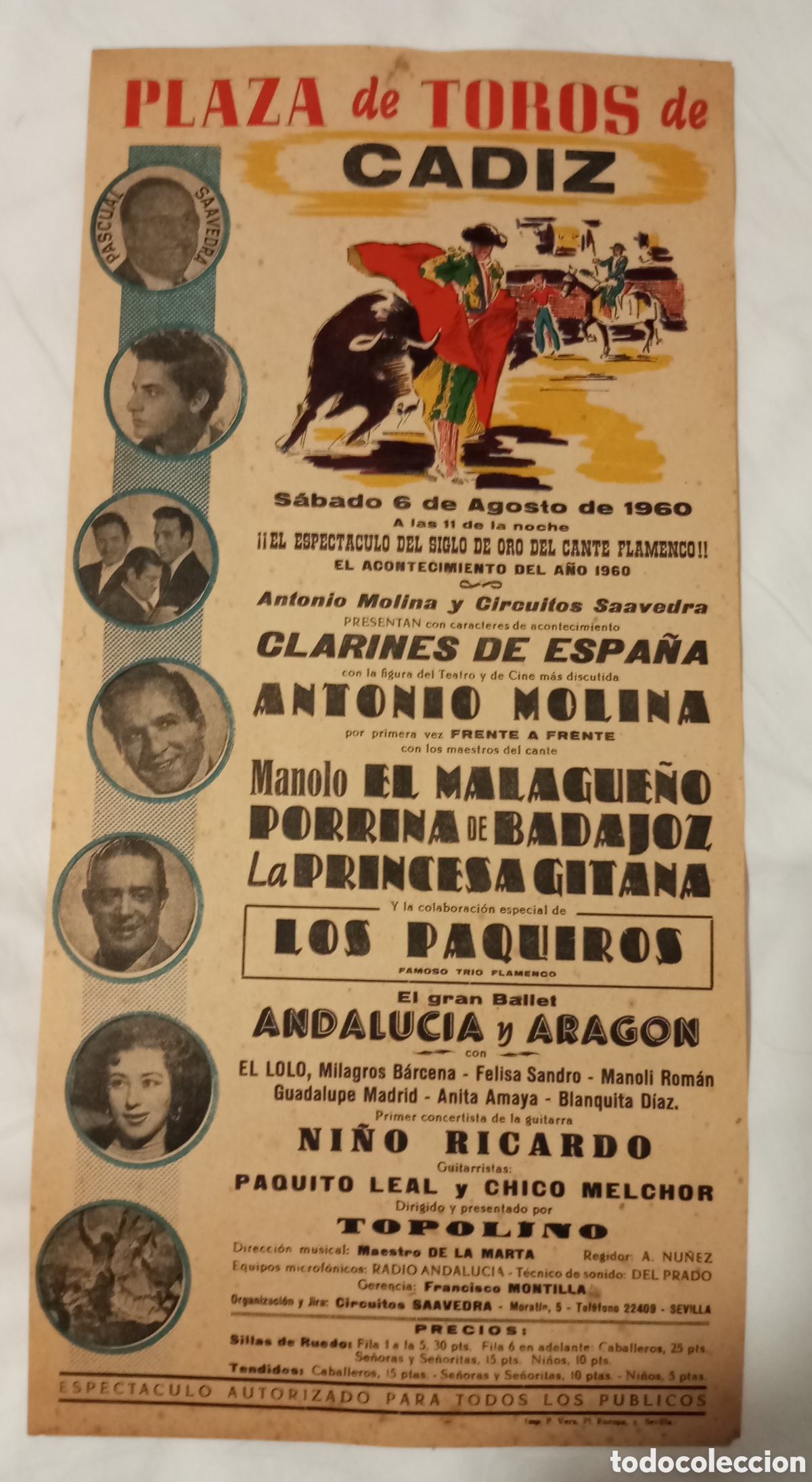 Carteles espect&aacute;culos: Cartel plaza de toros de C&aacute;diz.1960 Antonio Molina,Porrina de Badajoz,el malague&ntilde;o y otros