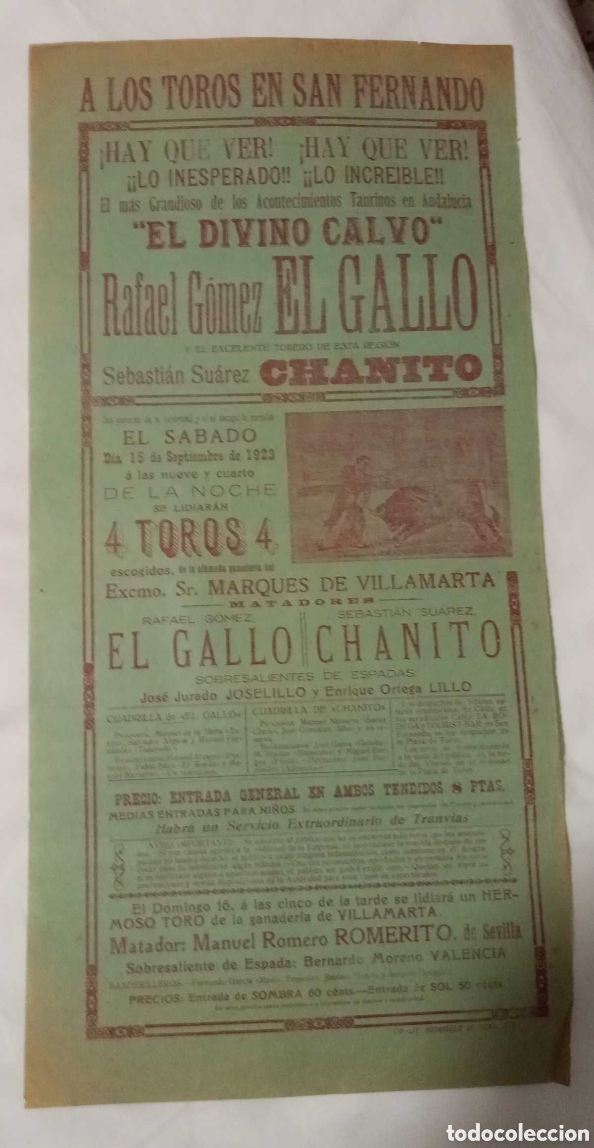 Carteles espect&aacute;culos: Cartel san Fernando.Cadiz.Rafael G&oacute;mez el Gallo y chanito .1923