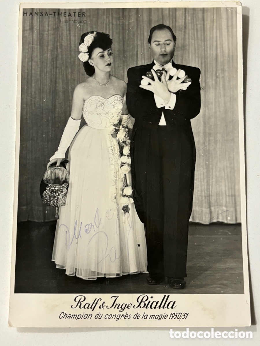 Carteles espect&aacute;culos: Foto original con aut&oacute;grafo del mago ilusionista Ralf y Inga Bialla campe&oacute;n congreso de magia 1950