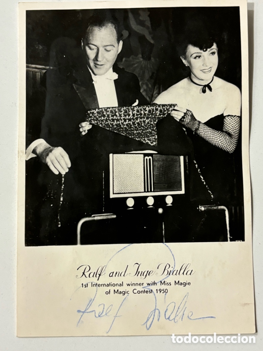 Carteles espect&aacute;culos: Foto original con aut&oacute;grafo del mago ilusionista Ralf y Inga Bialla campe&oacute;n congreso magia 1950