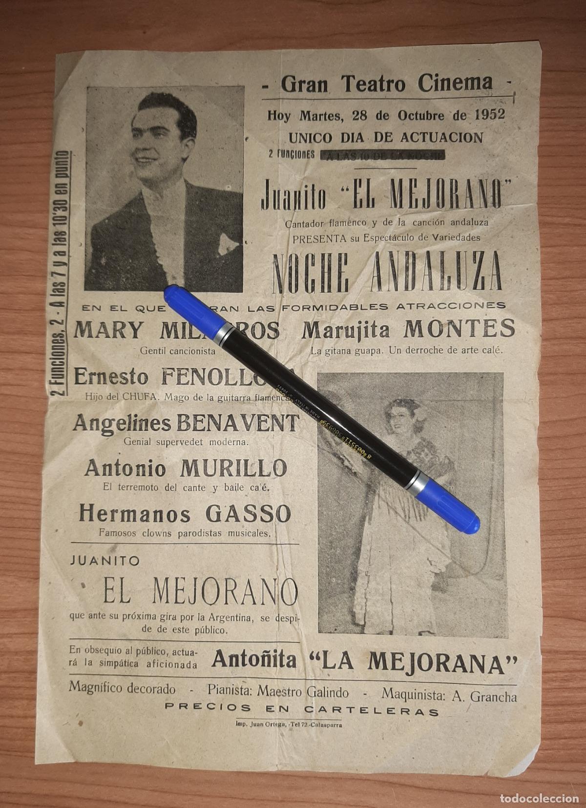 Carteles espect&aacute;culos: CARTEL CARAVACA GRAN TEATRO CINEMA 1952 NOCHE ANDALUZA JUANITO EL MEJORANO