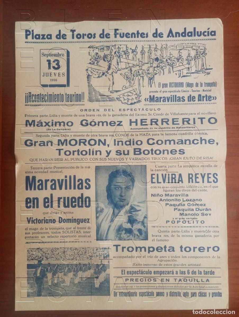 Carteles espect&aacute;culos: FUENTES DE ANDALUCIA SEVILLA 1956 ELVIRA REYES 43X31 ESPECTACULO GRAN CARTEL GENUINO C30