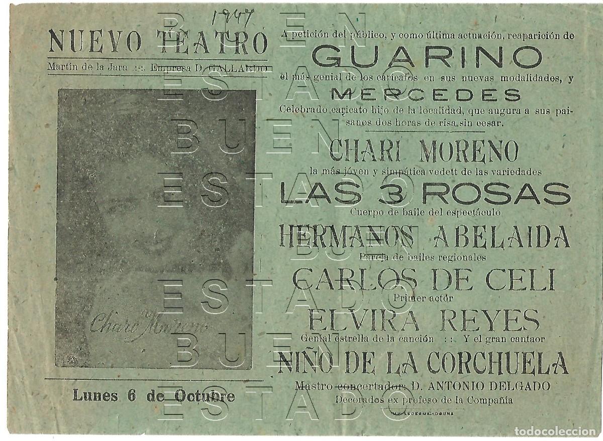 Carteles espect&aacute;culos: MARTIN DE LA JARA 1947 SEVILLA CHARO MORENO ELVIRA REYES 22X16 CARTEL GENUINO M55