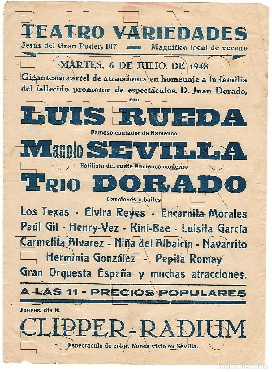 Carteles espect&aacute;culos: SEVILLA TEATRO VARIEDADES 1948 LUIS RUEDA MANOLO SEVILLA 22X16 CARTEL GENUINO M55