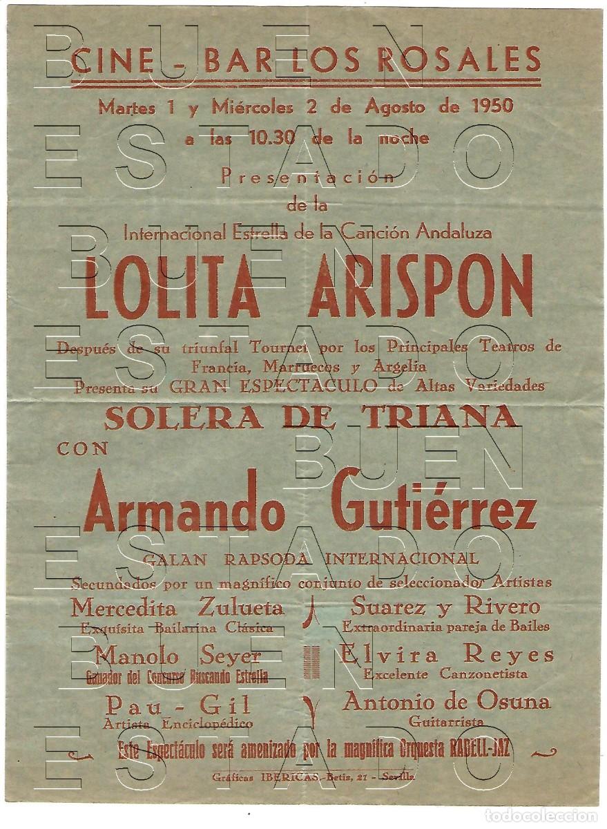 Carteles espect&aacute;culos: SEVILLA CINE LOS ROSALES 1950 LOLITA ARISPON 22X16 CARTEL GENUINO M55