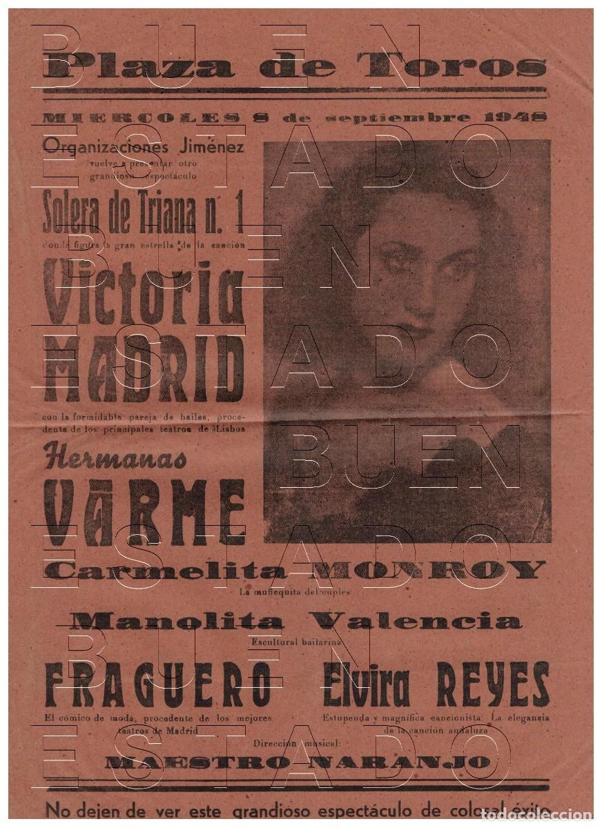 Carteles espect&aacute;culos: SEVILLA PLAZA DE TOROS CARMELITA MONROY 1948 VICTORIA MADRID CARTEL GENUINO 31X20 J00
