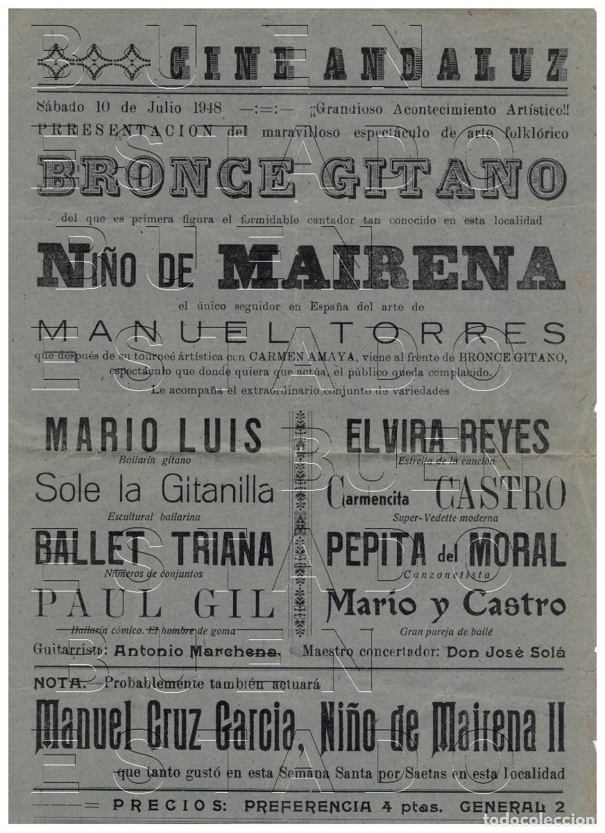 Carteles espect&aacute;culos: EL ARAHAL CINE ANDALUZ 1948 NI&Ntilde;O DE MAIRENA SOLE LA GITANILLA CARTEL GENUINO 31X20 J00