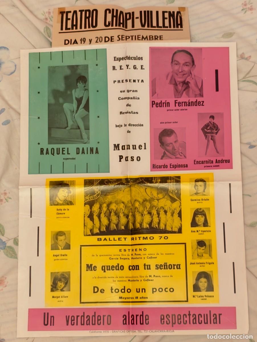 Carteles espect&aacute;culos: Cartel teatral Manuel Paso &ndash; Raquel Daina &ndash; Me quedo con tu se&ntilde;or &ndash; Teatro Chap&iacute;, Villena &ndash; 1970
