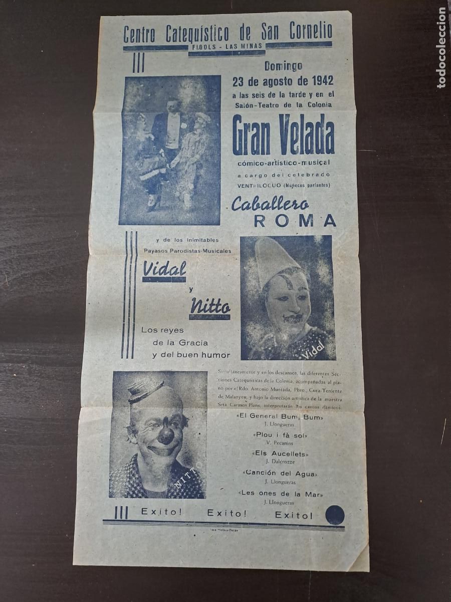Carteles espect&aacute;culos: VENTRILOCUO CABALLERO ROMA-PAYASOS VIDAL Y NITTO-FIGOLS-LAS MINAS-BERGUED&Agrave;-CARTEL 1942