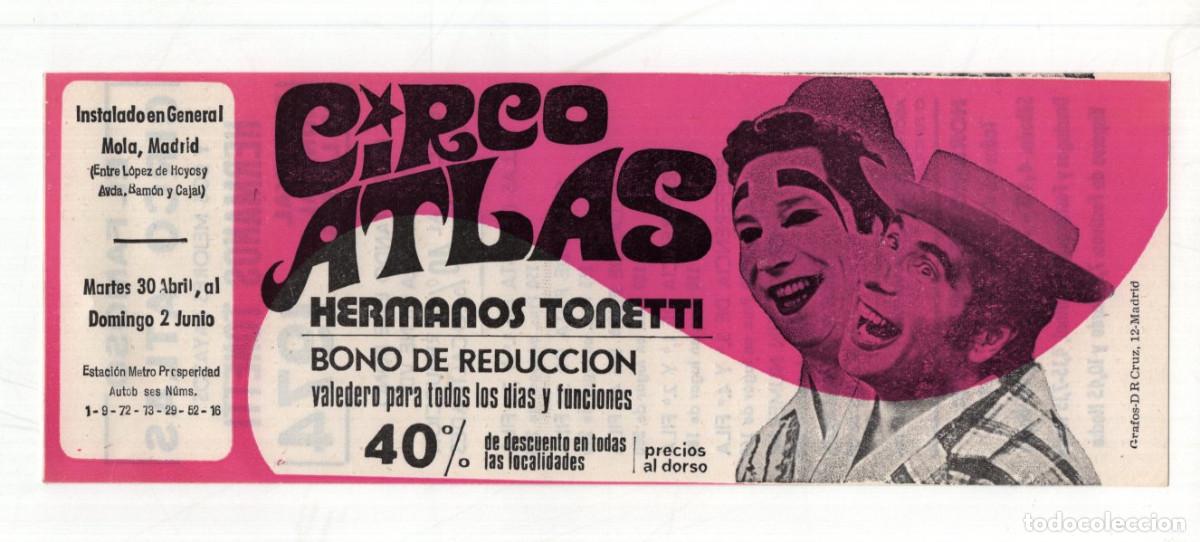 Cartazes Espet&aacute;culos: ANTIGUO BONO DESCUENTO CIRCO ATLAS. EVENTO: ESPECT&Aacute;CULO HERMANOS TONETTI EN MADRID. ORIGINAL.