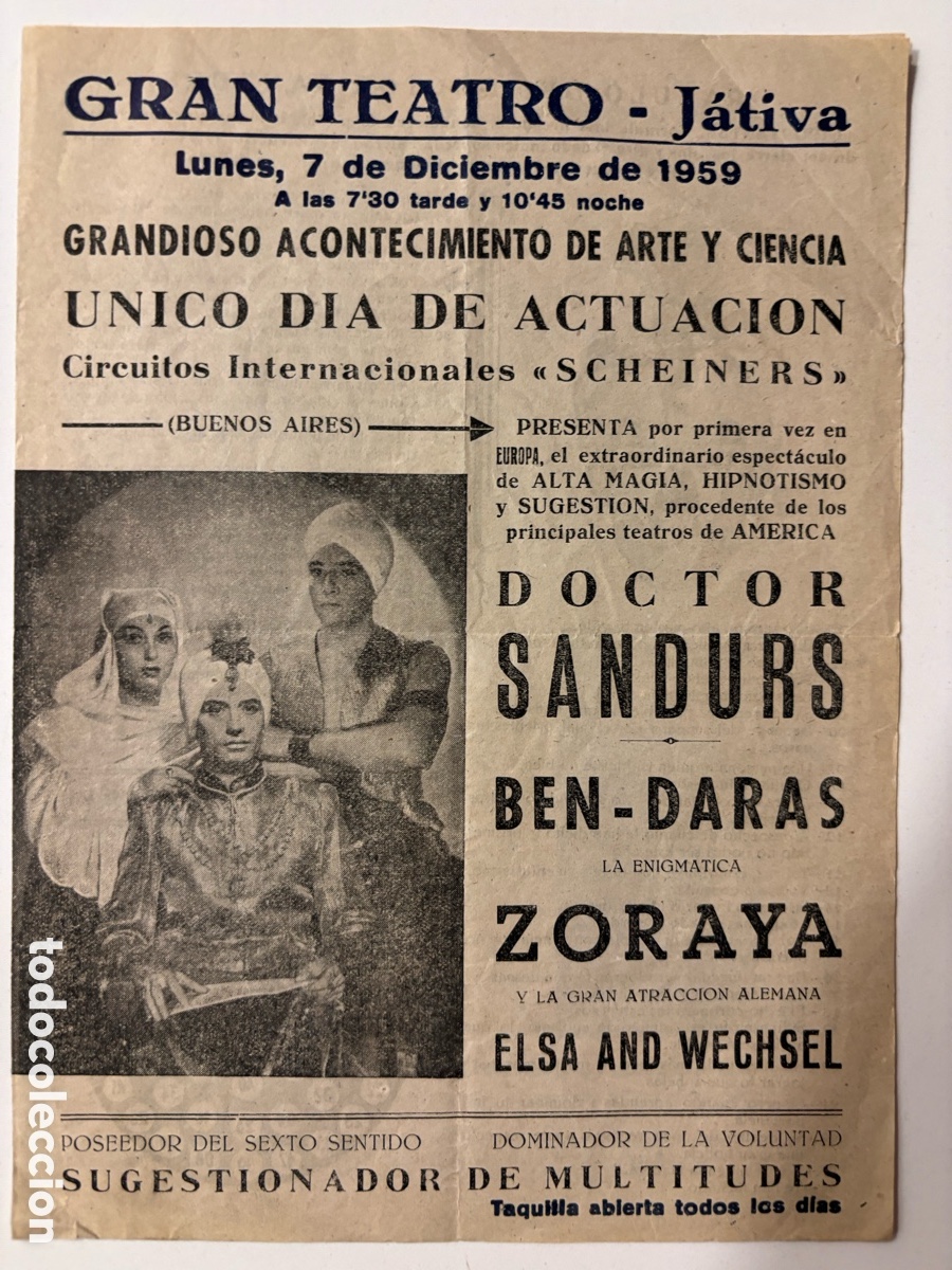 Carteles espect&aacute;culos: Programa Magia gran teatro J&aacute;tiva mago doctor Sandurs Ben Daras zoraya magia hipnotismo sugesti&oacute;n A5