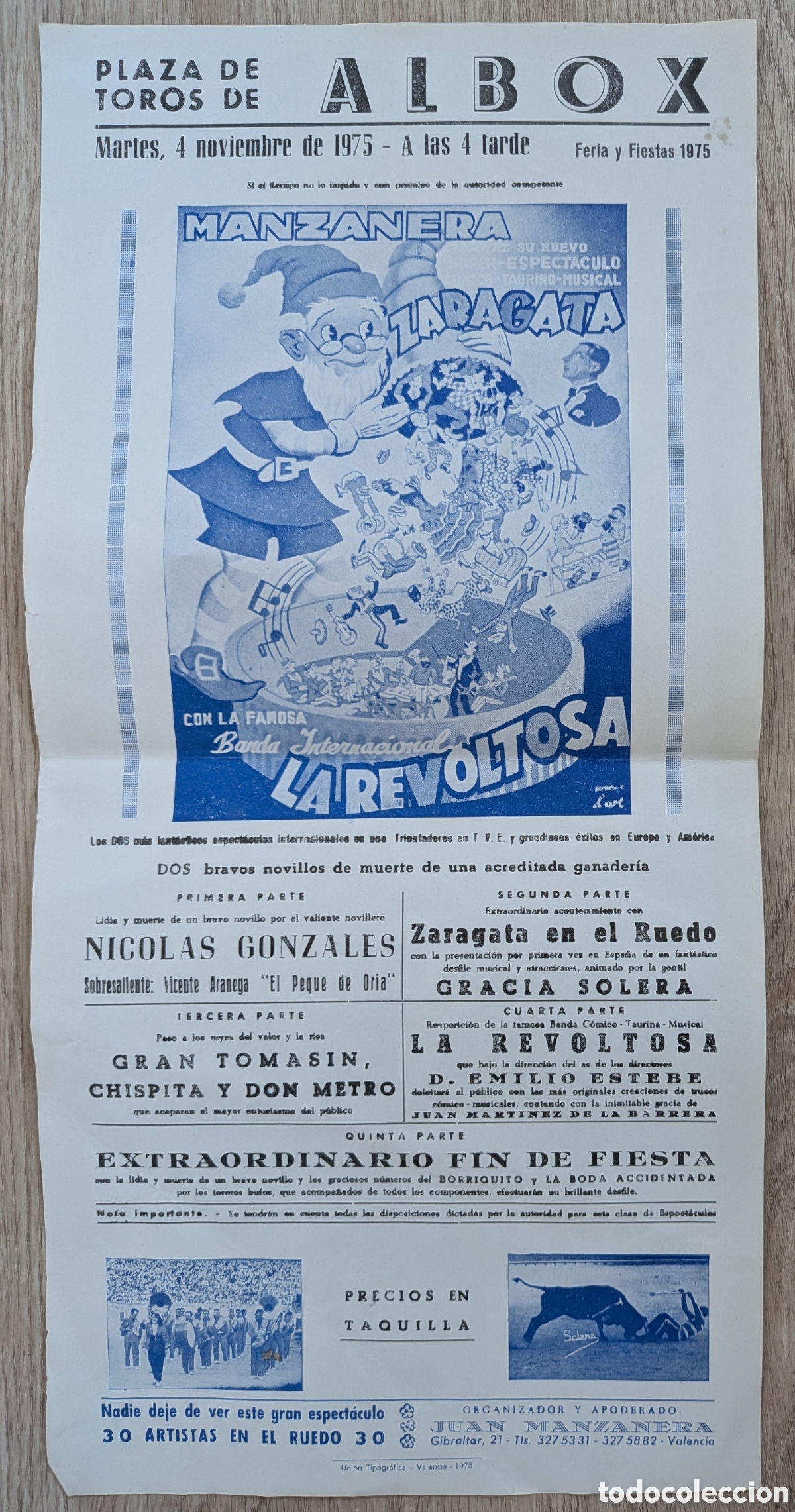 Carteles espect&aacute;culos: RW CARTEL PLAZA TOROS ALBOX ALMERIA 1975 ESPECTACULOS MANZANERA LA REVOLTOSA CTC268 R