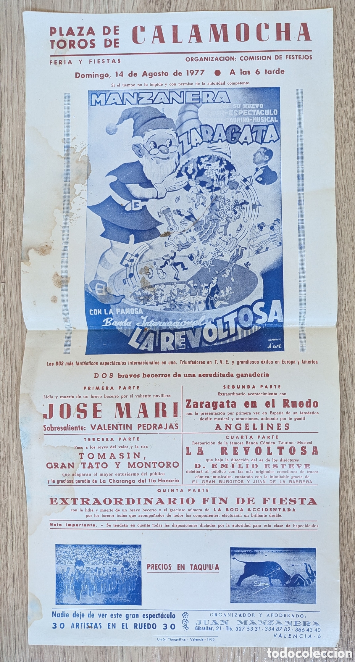 Carteles espect&aacute;culos: RW CARTEL PLAZA TOROS CALAMOCHA TERUEL 1977 ESPECTACULO MANZANERA LA REVOLTOSA CTC256 R