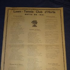 Coleccionismo deportivo: (M) TENIS - CARTEL LAWN - TENNIS CLUB D'HORTA ESTIU DE 1921, LES DESTES DEL TENNIS, ORIGINAL 32X44CM