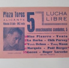 Coleccionismo deportivo: PEQUEÑO CARTEL PLAZA TOROS ALICANTE JULIO 1958 PROGRAMA VELADA LUCHA LIBRE CATCH BOXEO RV. Lote 401868594