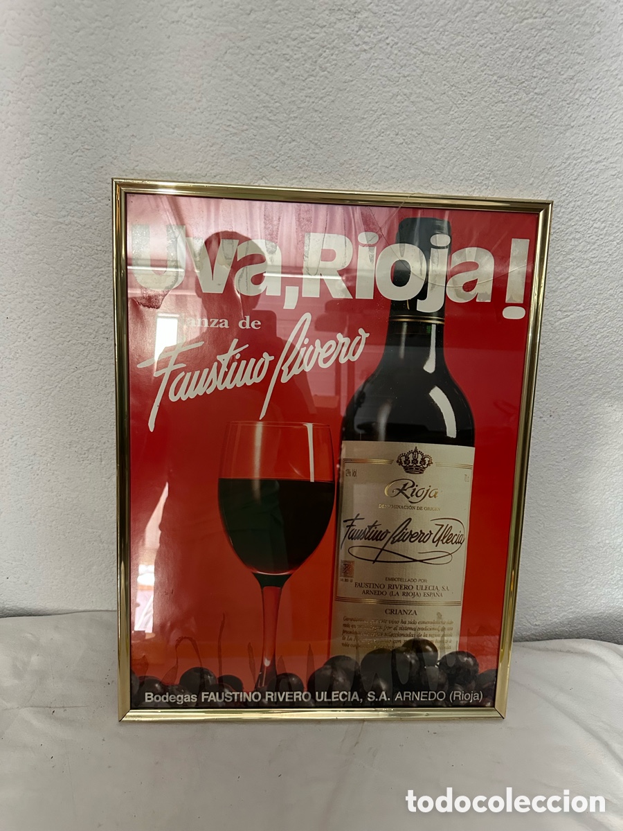 Coleccionismo deportivo: cartel publicitario enmarcado de los vinos Faustino Rivero Ulecia de la regi&oacute;n de La Rioja, Espa&ntilde;a.
