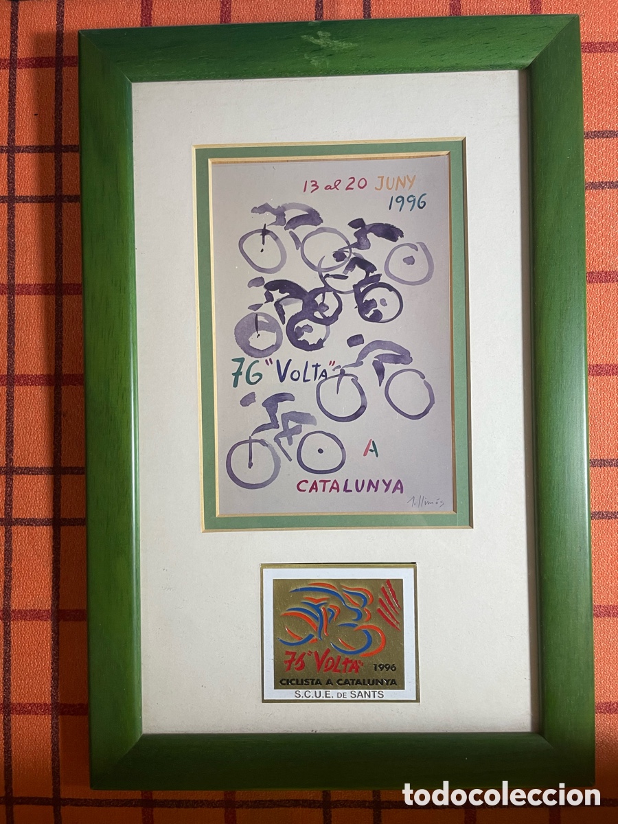 Coleccionismo deportivo: Cuadro p&oacute;ster 76&ordf; Volta Ciclista a Catalunya 1996 + placa S.C.U.E. Sants | 23x35cm