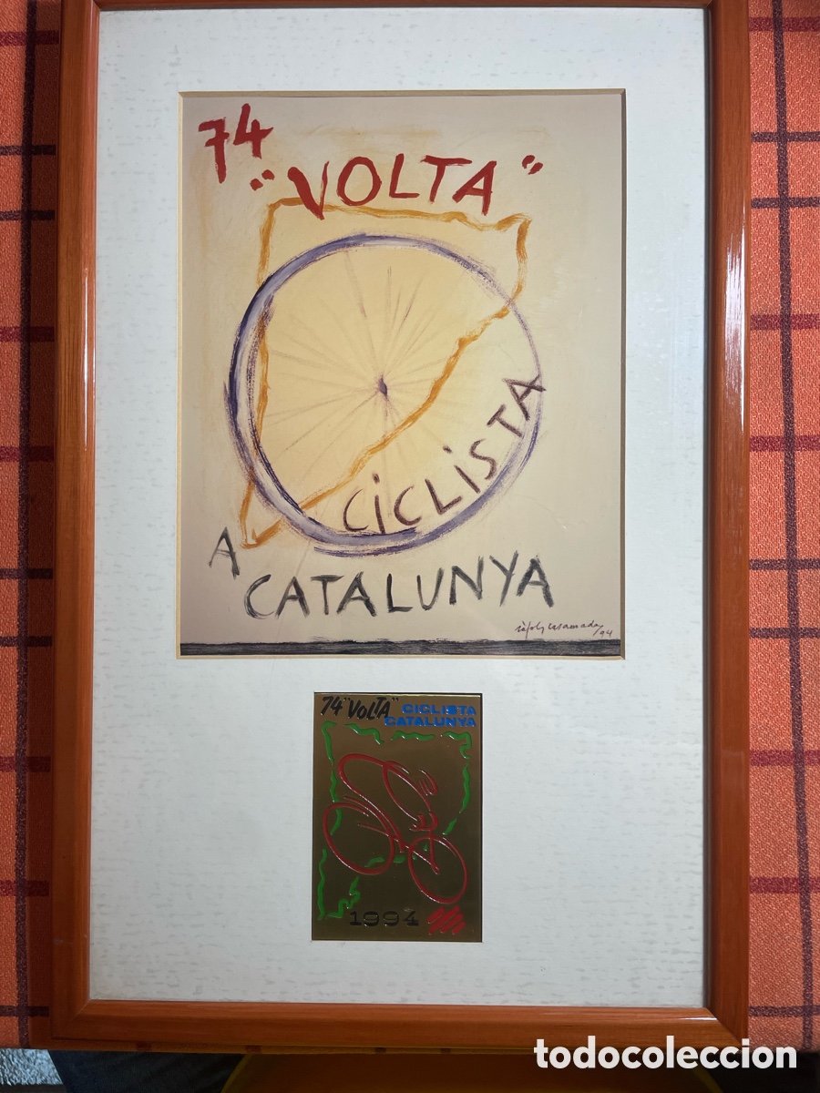 Coleccionismo deportivo: Cuadro p&oacute;ster 74&ordf; Volta Ciclista a Catalunya 1994 + placa dorada oficial | 24x38cm
