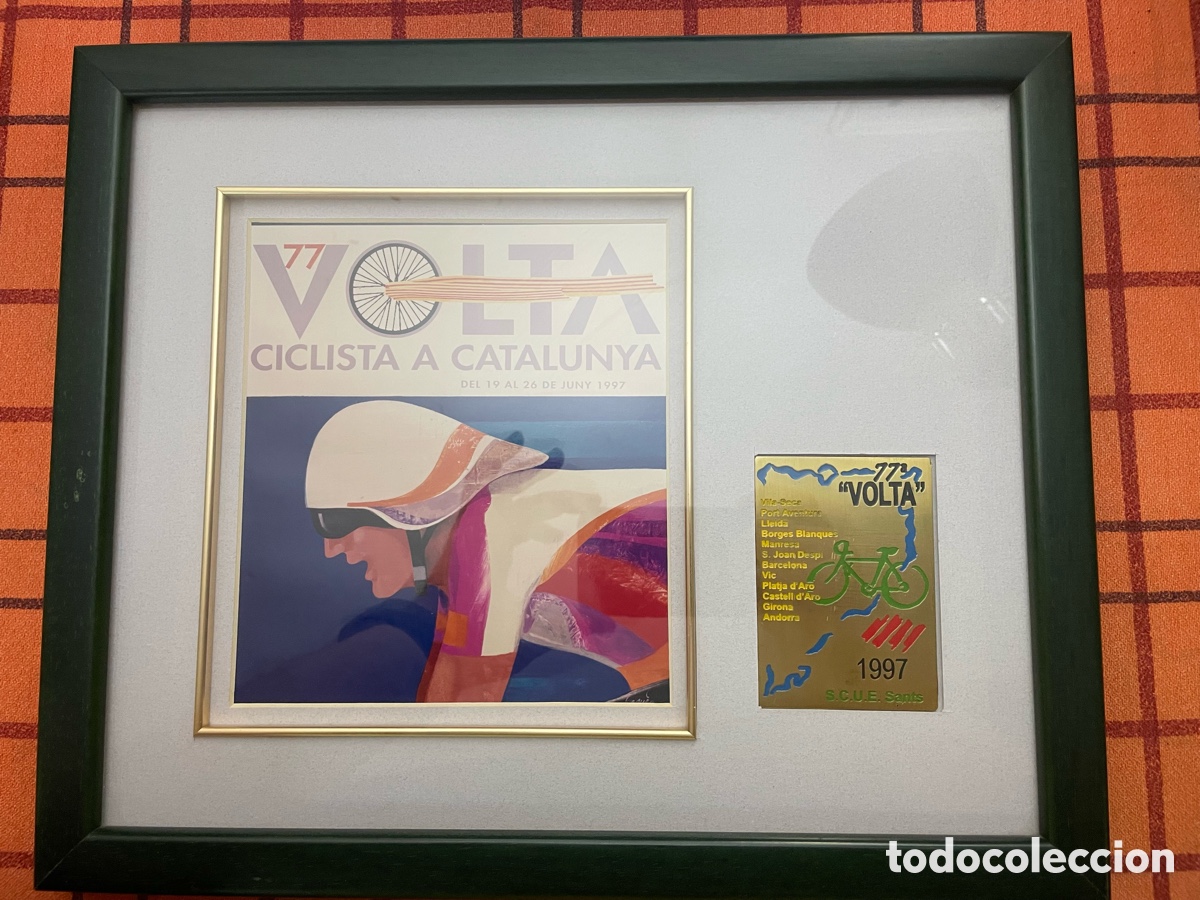 Coleccionismo deportivo: Cuadro p&oacute;ster 77&ordf; Volta Ciclista a Catalunya 1997 + placa etapas S.C.U.E. Sants | 35x29cm