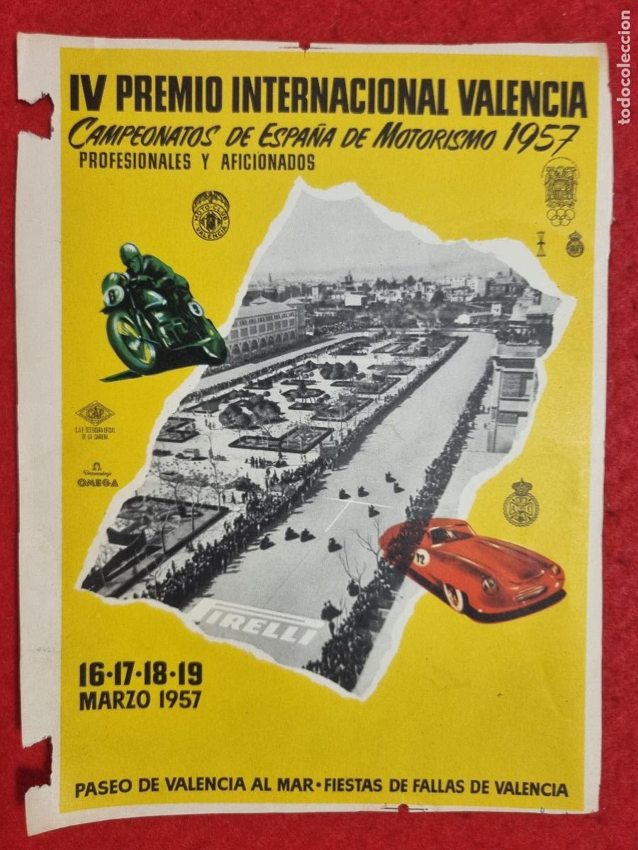 Coleccionismo deportivo: CARTELITO IV PREMIO INTERNACIONAL MOTOCICLISMO VALENCIA 1957 ORIGINAL KF1