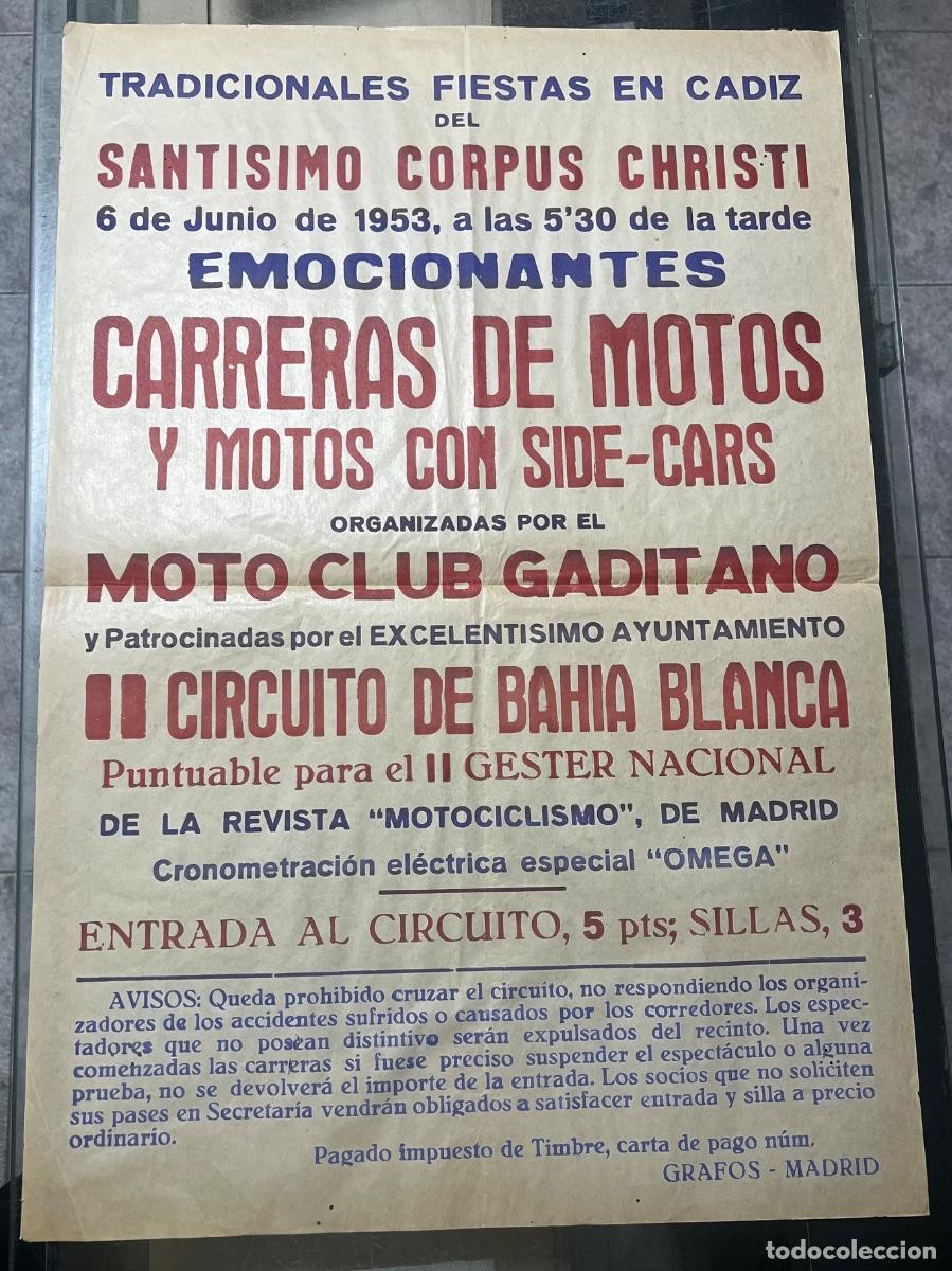 Coleccionismo deportivo: CARTEL FIESTAS EN C&Aacute;DIZ DEL SANT&Iacute;SIMO CORPUS CHRISTI. 1953. CARRERAS MOTOS. BAH&Iacute;A BLANCA.