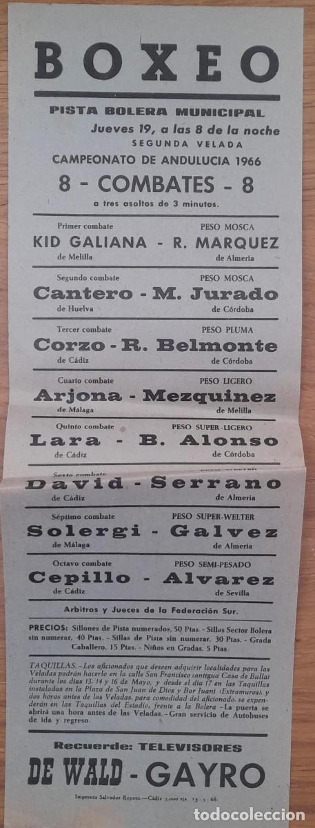 Coleccionismo deportivo: PEQUE&Ntilde;O CARTEL DE LA 2&ordf; VELADA DEL CAMPEONATO DE ANDALUC&Iacute;A DE 1966, BOLERA MUNICIPAL DE C&Aacute;DIZ