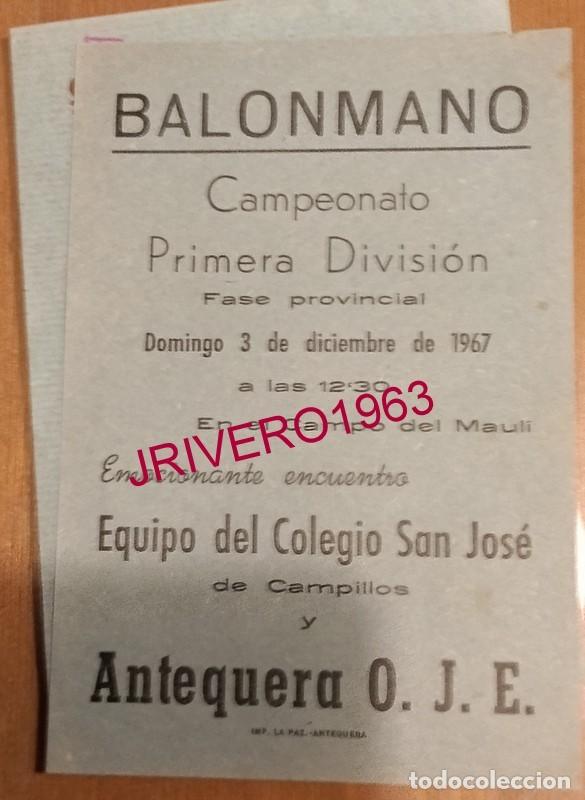 Coleccionismo deportivo: ANTEQUERA, 1967, CARTEL PARTIDO BALONMANO, REGIMIENTO COLEGIO SAN JOSE - ANTEQUERA O.J.E., 10X15 CMS