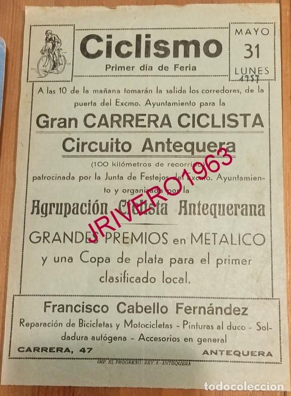 Coleccionismo deportivo: ANTEQUERA, 1957, CARTEL CARRERA CICLISTA, 15X22 CMS