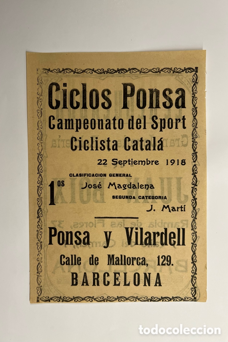 Coleccionismo deportivo: BARCELONA Campeonato del Sport Ciclista Catal&aacute; 22 Septiembre 1918. Cartel Ciclos Ponsa