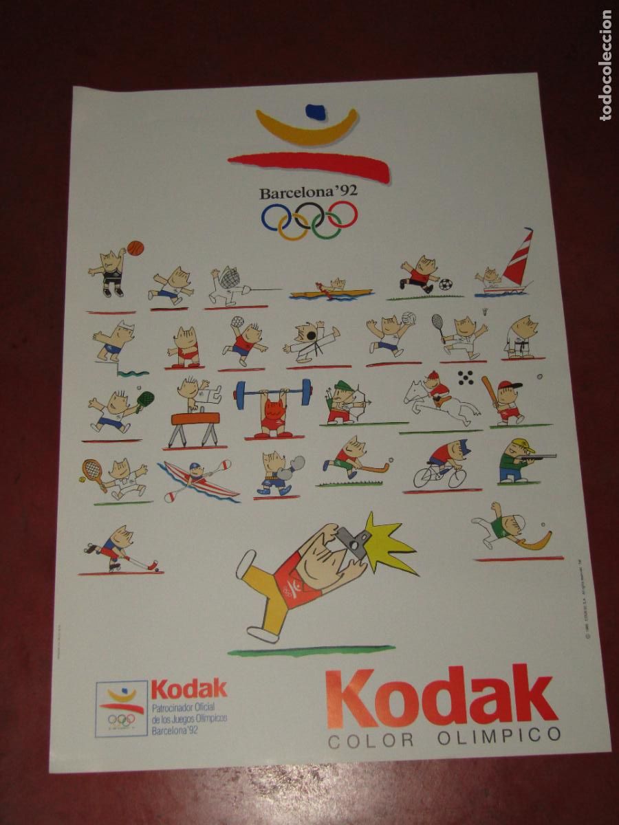 Coleccionismo deportivo: Antiguo Cartel BARCELONA 92 con Todos los COBI de MARISCAL Obsequio Publicidad de KODAK del A&ntilde;o 1988