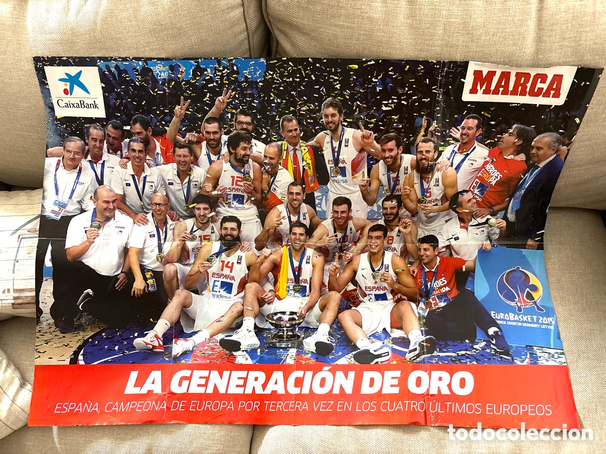 Coleccionismo deportivo: Megap&oacute;ster Desplegable Gigante MARCA (8 Caras) DOBLE Espa&ntilde;a Campeona EuroBasket 2015 generaci&oacute;n oro