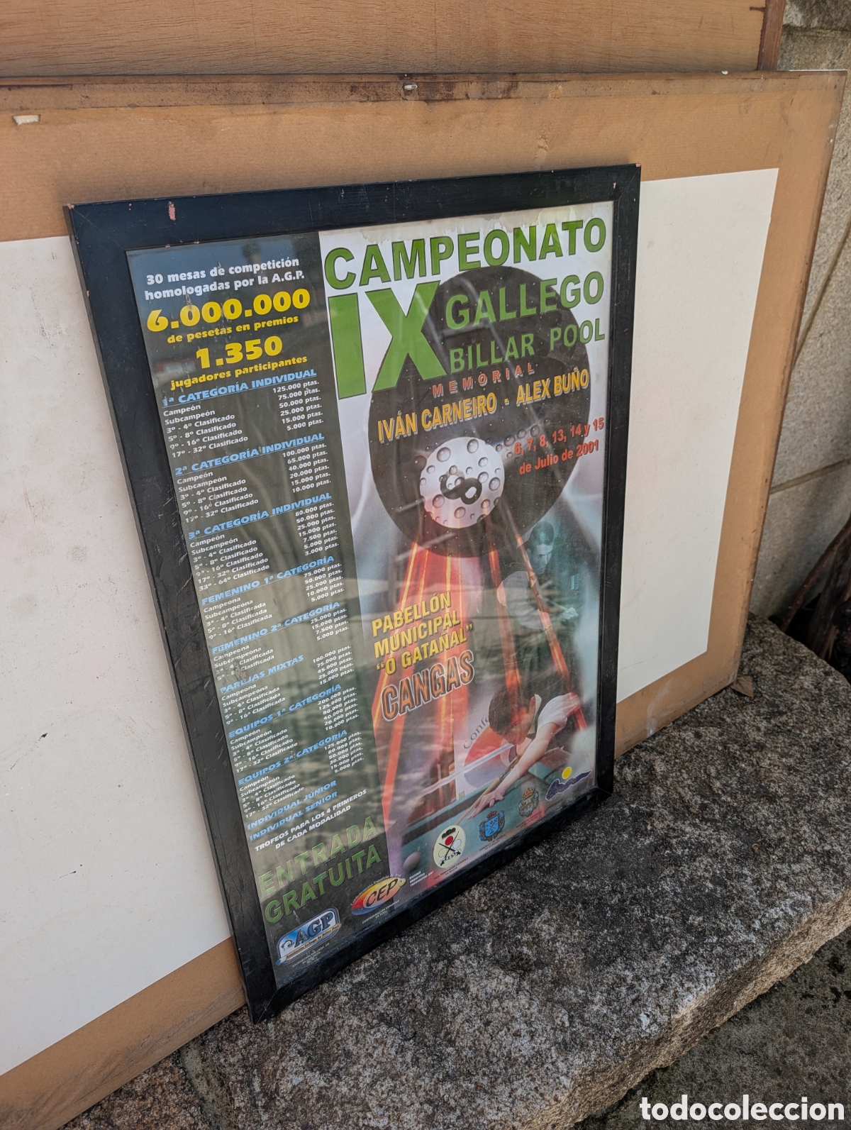 Coleccionismo deportivo: Cartel publicitario enmarcado del IX Campeonato Gallego de Billar Pool (Memorial Iv&aacute;n Carneiro - Ale