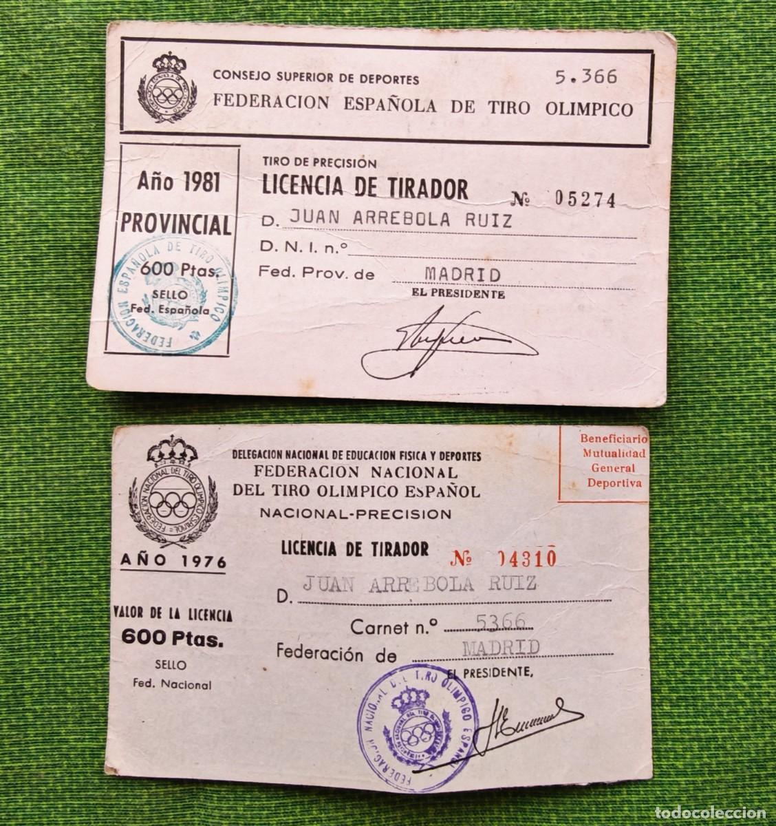 Collezionismo sportivo: Dos licencia de tirador tiro olimpico espanol, 1976 y 1981