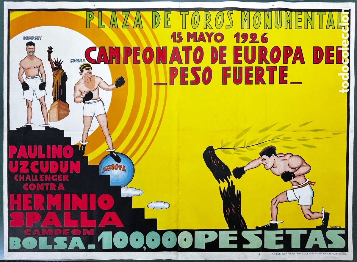 Sammelleidenschaft Sport: Cartel original de boxeo de 1926, por campeonato de Europa, entre Uzcudun y Spalla. Con Jack Dempsey