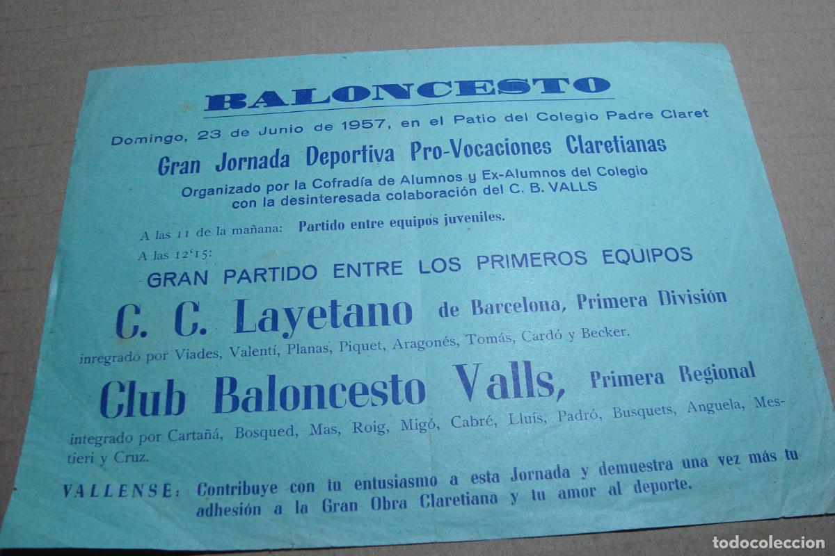 Coleccionismo deportivo: ANTIGUO PASQUIN BALONCESTO C.C LAYETANO - CLUB BALONCESTO VALLS. VALLS TARRAGONA 1957